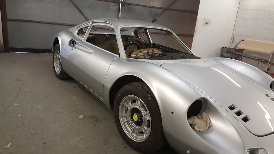 Silver classic Ferrari Dino after a full respray
