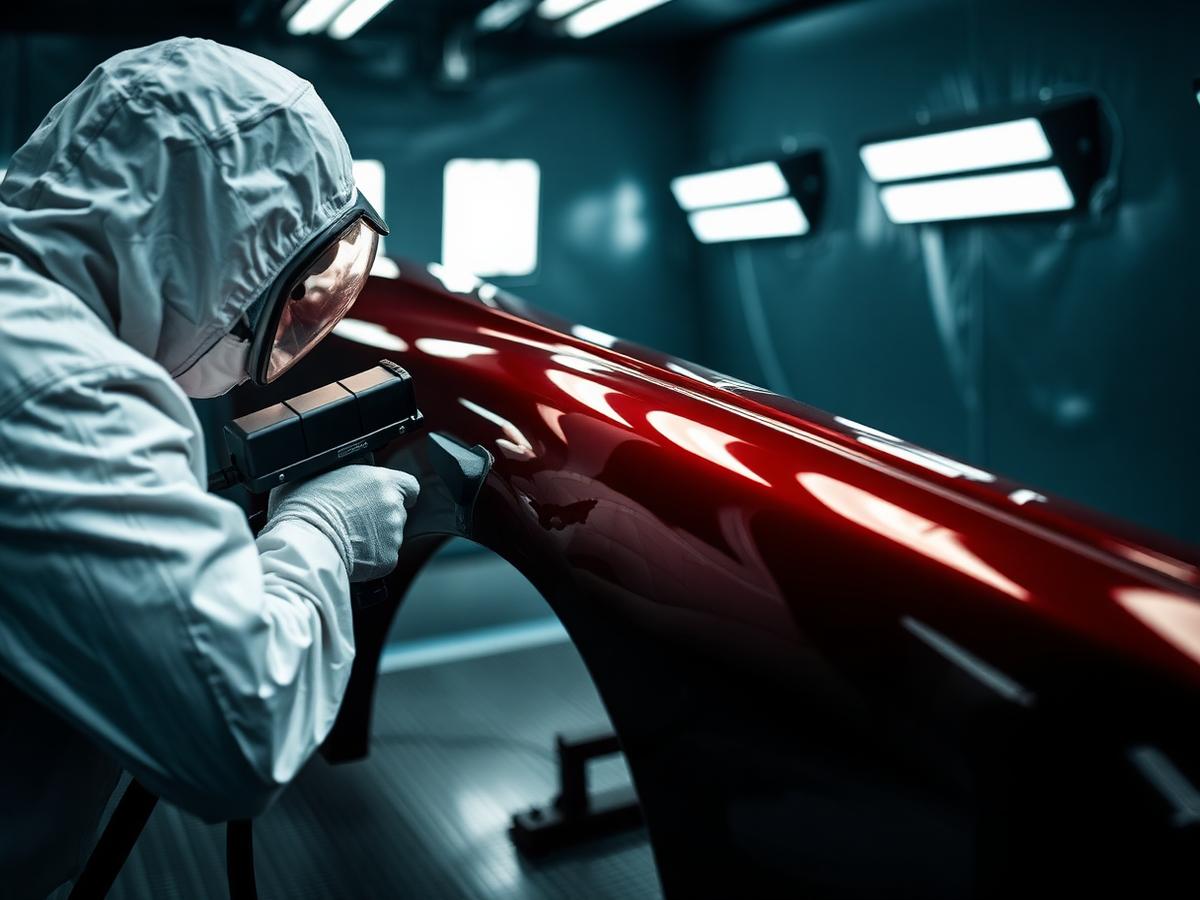 Painter spraying a car panel inside a professional spray booth